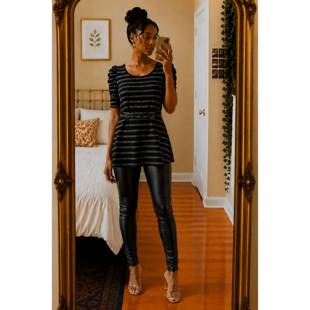 Vintage Tunic Top Black Silver Sparkly Striped Ruched Puff Shoulder Size S
